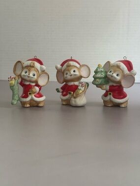 Homco Set of 3 Santa Mouse Christmas Ornaments in Red, White and Green